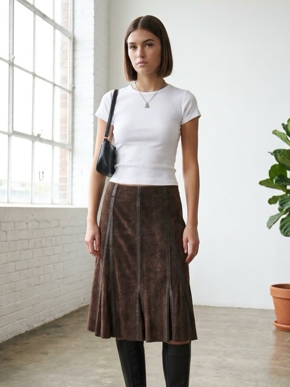 Vintage 90s Promod France Brown Suede Paneled Flute Skirt - US 6 (38)